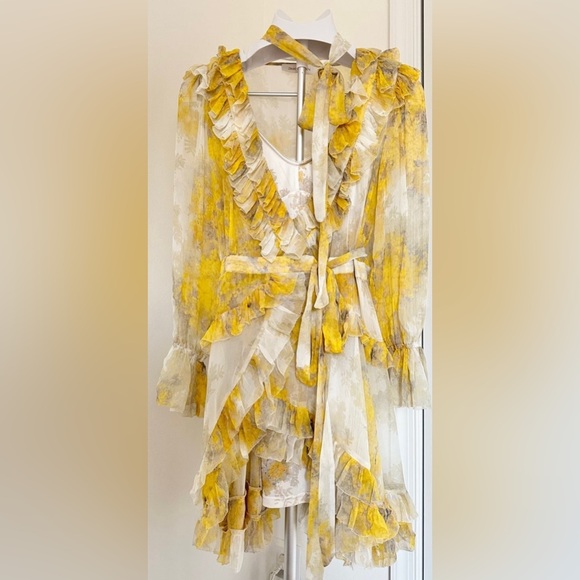 Zimmermann Botanica Long Sleeve Yellow Silk
Frill Wrap Mini Dress - Picture 6 of 11